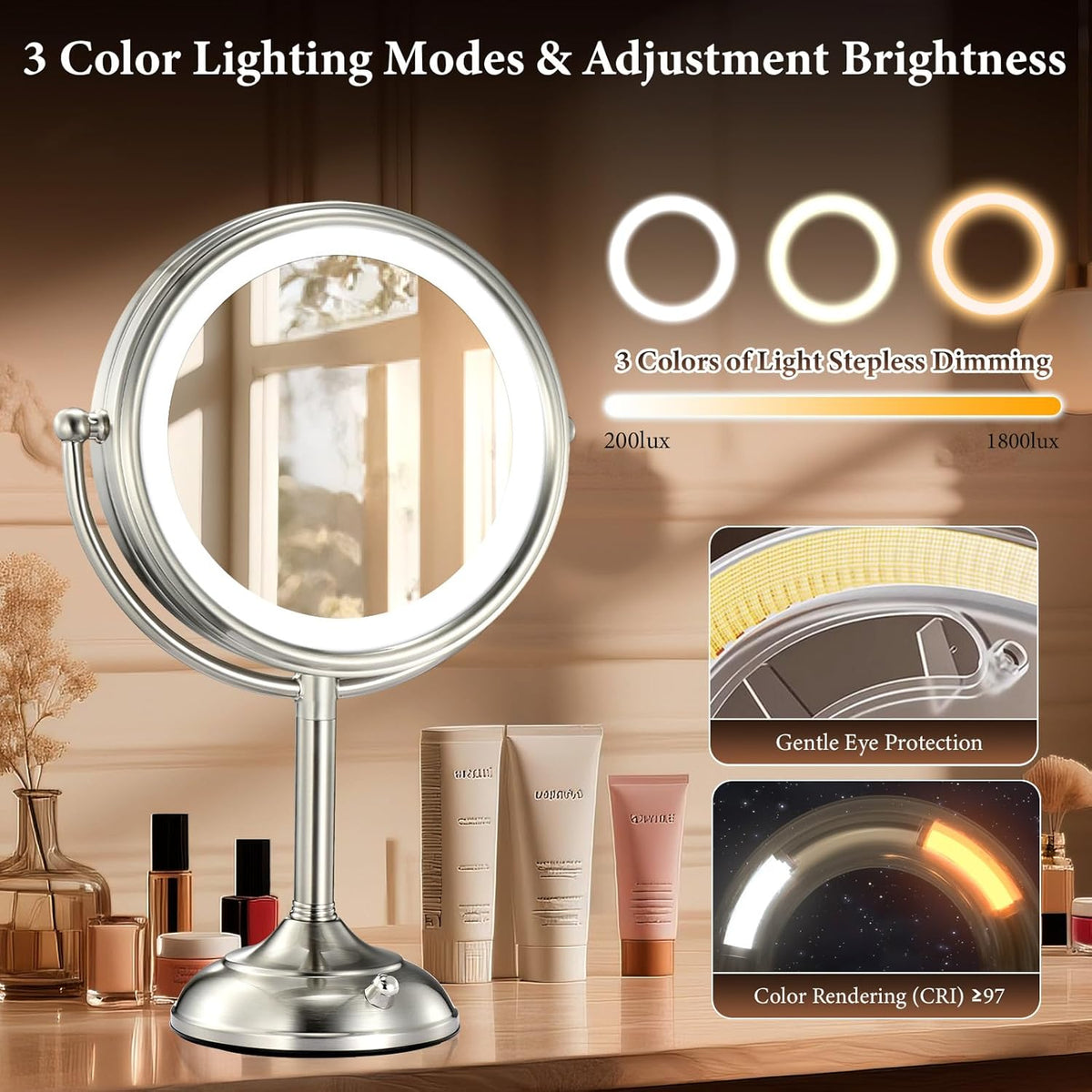 Professional 8.5" Large Lighted Makeup Mirror, 1X/10X HD Magnification, 3 Color Dimmable 90 LEDs