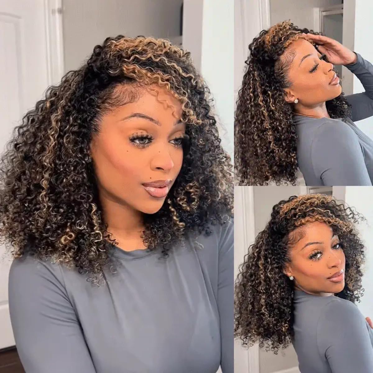 3-in-1 Half Wig Human Hair Glueless Kinky Curly Drawstring Seamless Clip-In Flip Over Wig 180% Density 18 Inch