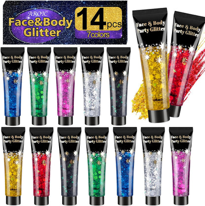14 Colors Body Glitter Gel Set, Face & Hair Glitter for Festivals, Rave Accessories & Party Supplies