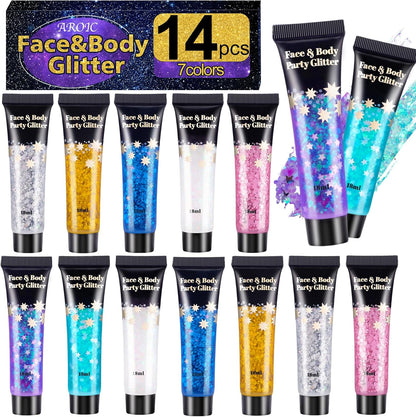 14 Colors Body Glitter Gel Set, Face & Hair Glitter for Festivals, Rave Accessories & Party Supplies