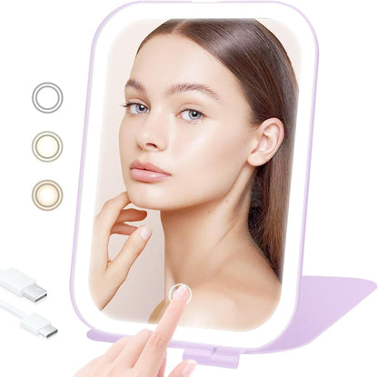 Portable Travel Makeup Mirror with 3 Adjustable Light Settings, USB-Rechargeable Vanity Mirror