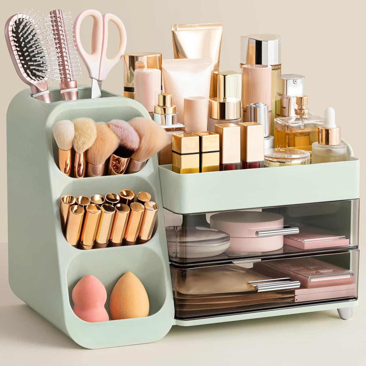 Large Makeup Organizer with Brush Holder, Plastic Vanity Storage for Skincare and Cosmetics