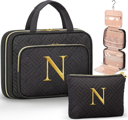 Personalized Initial Toiletry Bag Set, Hanging Travel Organizer & Makeup Cosmetic Bag with Embroidery