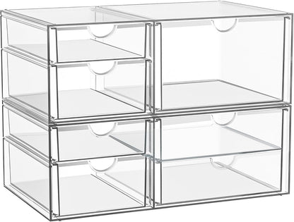 Acrylic Makeup Organizer with 19 Drawers, 4-Pack Clear Cosmetic Storage for Vanity and Bathroom