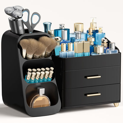 Large Makeup Organizer with Brush Holder, Plastic Vanity Storage for Skincare and Cosmetics
