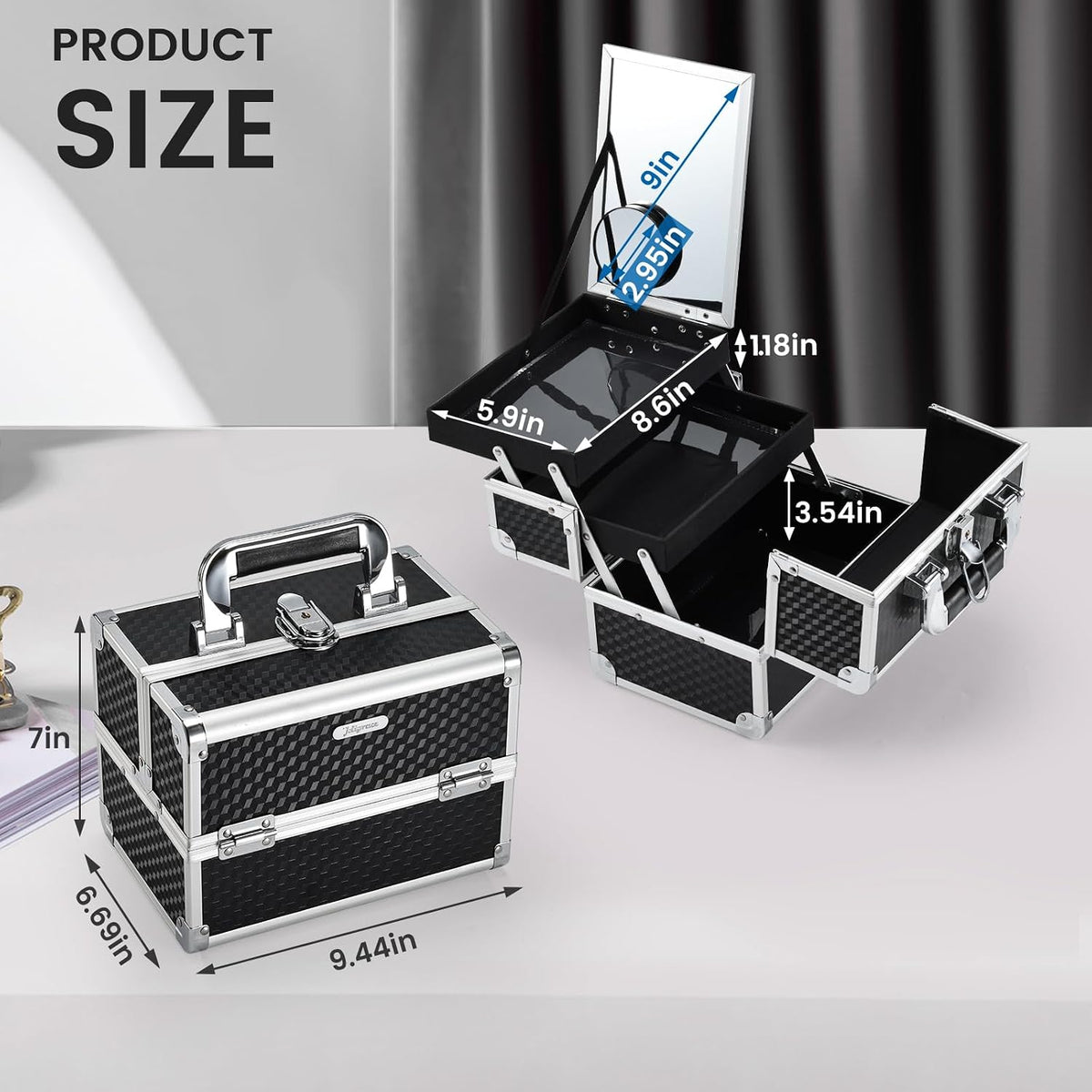 Makeup Box Cosmetic Train Case with Mirror and 2-Tier Trays - Portable Organizer