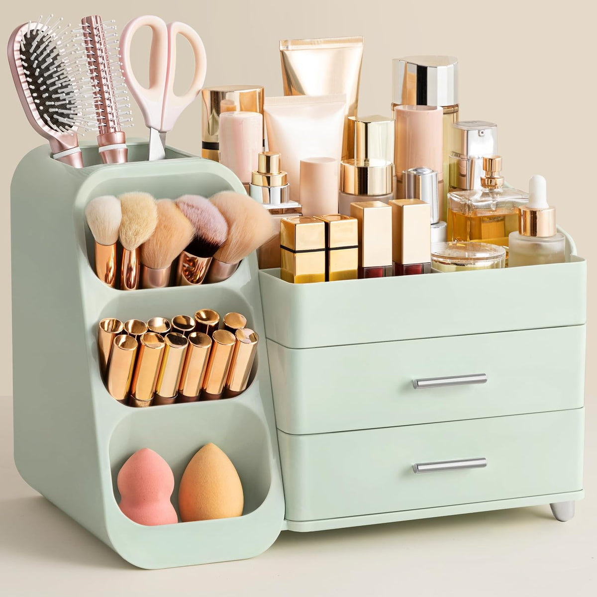 Large Makeup Organizer with Brush Holder, Plastic Vanity Storage for Skincare and Cosmetics