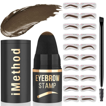 Eyebrow Stamp and Stencil Kit - Perfect Brow Makeup Pomade with 20 Shaping Stencils, Long-Lasting Brown