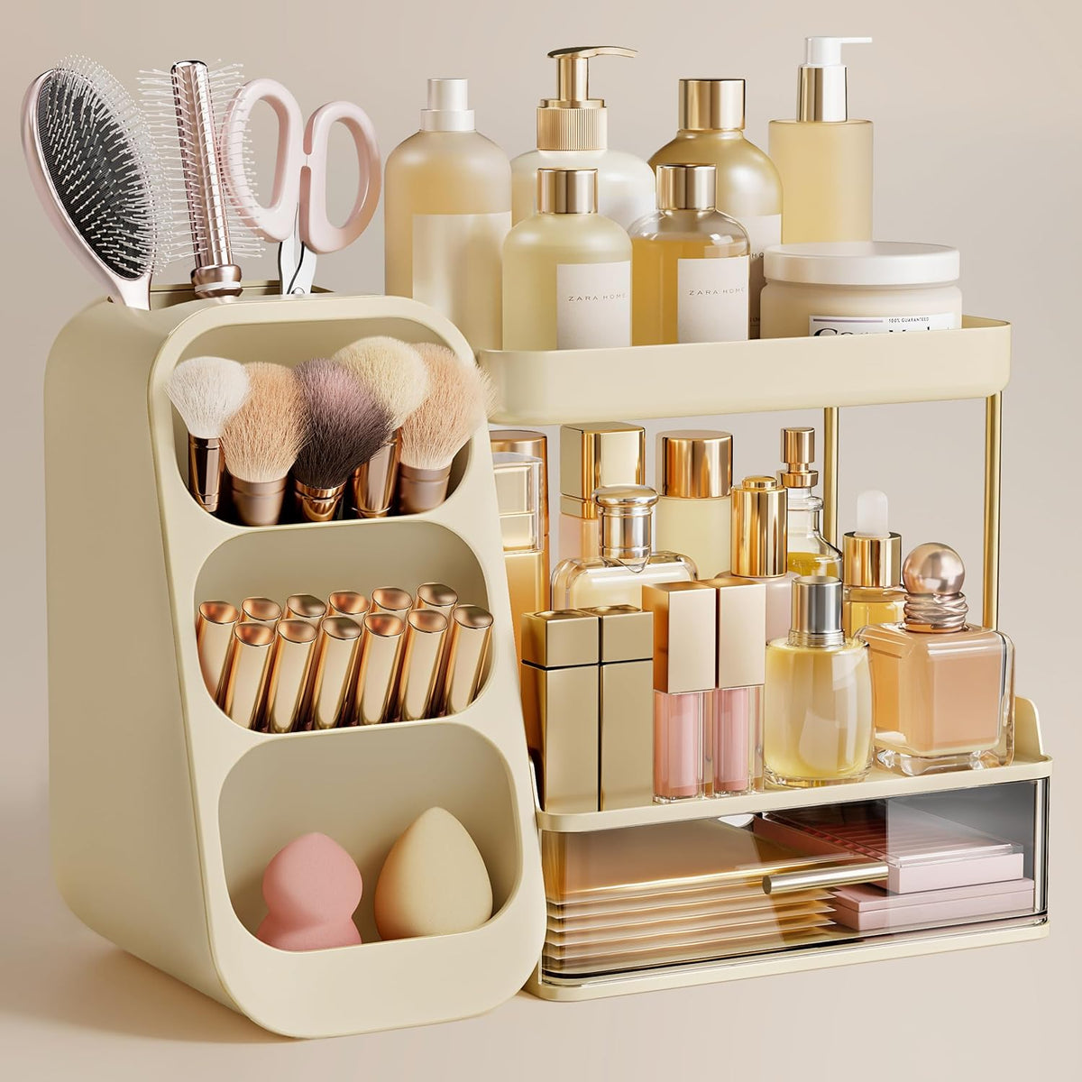 Large Makeup Organizer with Brush Holder, Plastic Vanity Storage for Skincare and Cosmetics