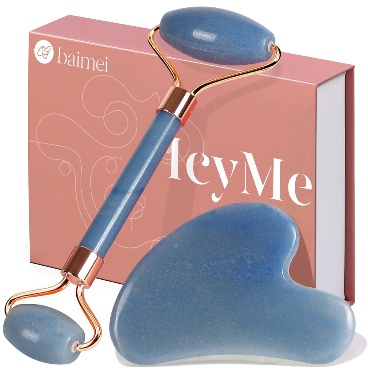 Rose Quartz Roller & Gua Sha Set, Cooling Face Roller for Depuffing & Lymphatic Massage