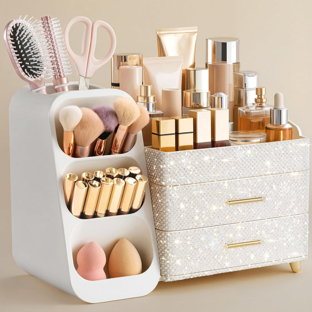 Large Makeup Organizer with Brush Holder, Plastic Vanity Storage for Skincare and Cosmetics