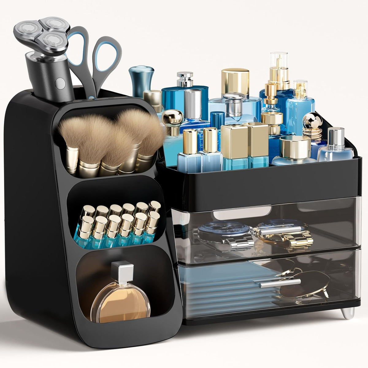 Large Makeup Organizer with Brush Holder, Plastic Vanity Storage for Skincare and Cosmetics