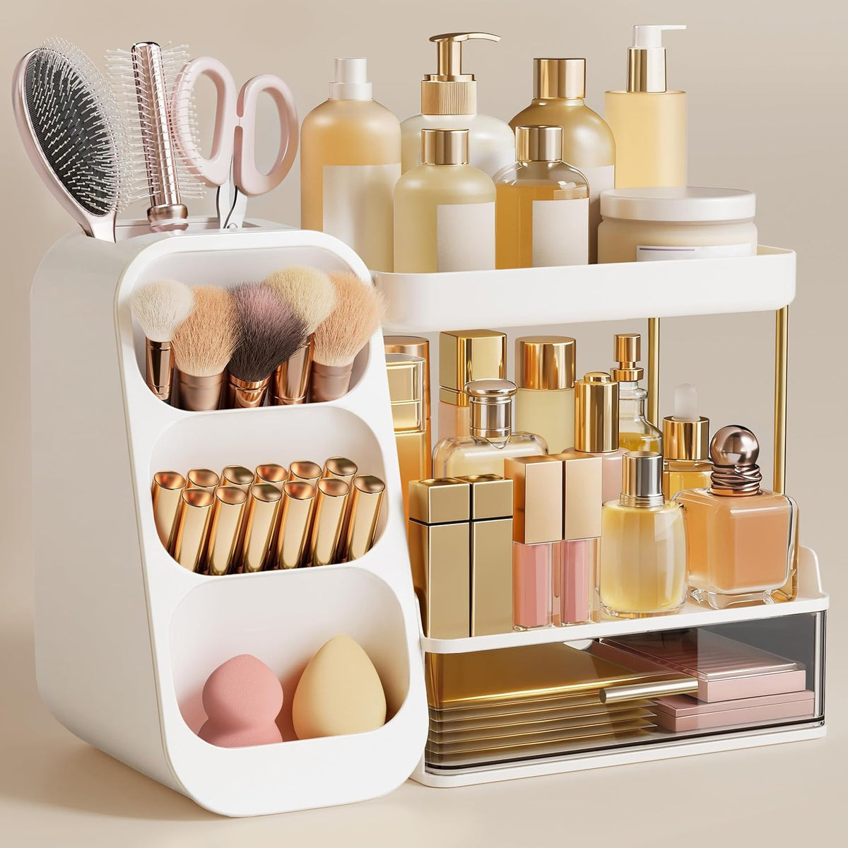 Large Makeup Organizer with Brush Holder, Plastic Vanity Storage for Skincare and Cosmetics