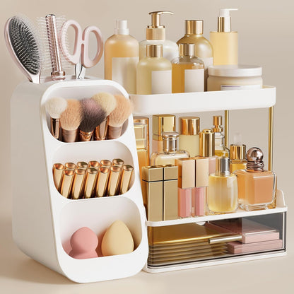 Large Makeup Organizer with Brush Holder, Plastic Vanity Storage for Skincare and Cosmetics