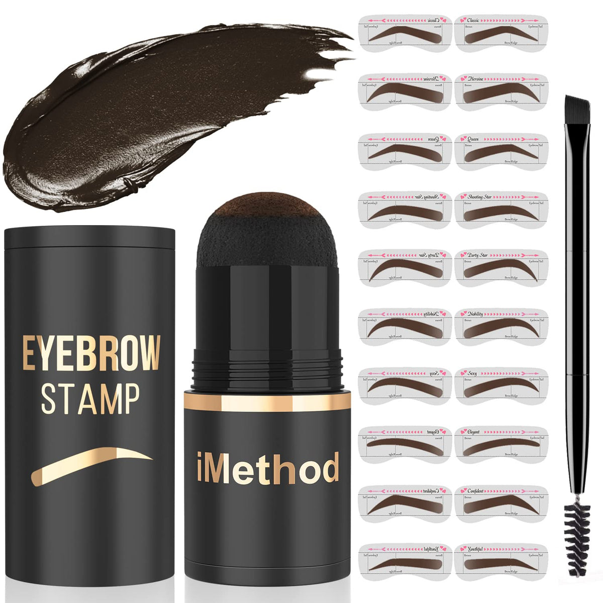 Eyebrow Stamp and Stencil Kit - Perfect Brow Makeup Pomade with 20 Shaping Stencils, Long-Lasting Brown