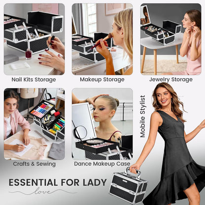 Makeup Box Cosmetic Train Case with Mirror and 2-Tier Trays - Portable Organizer