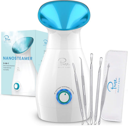 3-in-1 Nano Ionic Facial Steamer with Precise Temp Control and 5-Piece Skin Kit - Teal