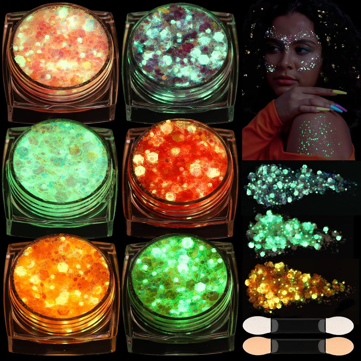 6 Colors Glow in The Dark Glitter Gel for Face, Body, and Hair - UV Black Light Party Makeup