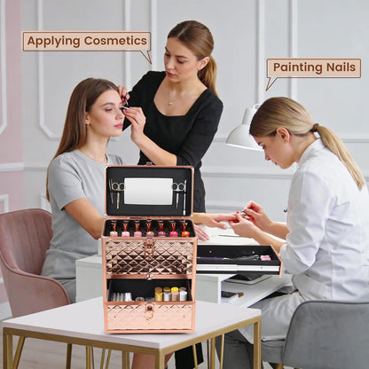Professional Makeup Train Case with Drawer, Mirror and Sponge Dividers - Rose Gold