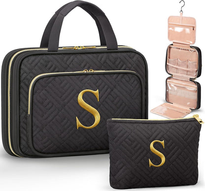 Personalized Initial Toiletry Bag Set, Hanging Travel Organizer & Makeup Cosmetic Bag with Embroidery