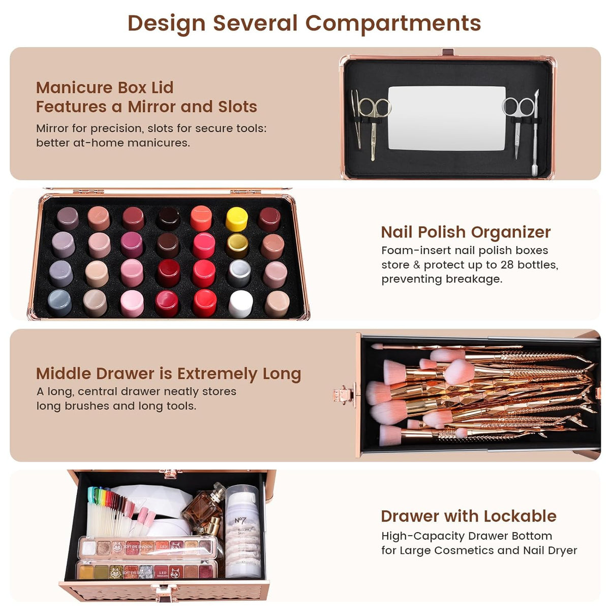 Professional Makeup Train Case with Drawer, Mirror and Sponge Dividers - Rose Gold
