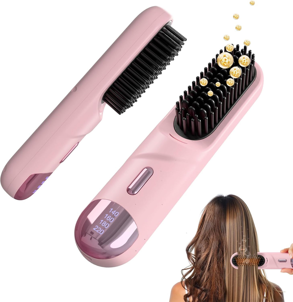 Cordless Hair Straightener Brush for Short Hair, Portable with 300M Negative Ions & 4 Heat Settings