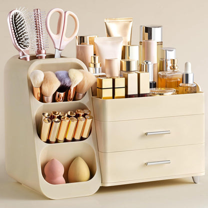 Large Makeup Organizer with Brush Holder, Plastic Vanity Storage for Skincare and Cosmetics