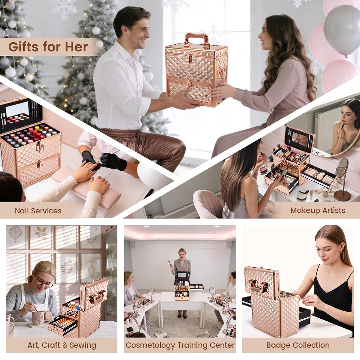 Professional Makeup Train Case with Drawer, Mirror and Sponge Dividers - Rose Gold