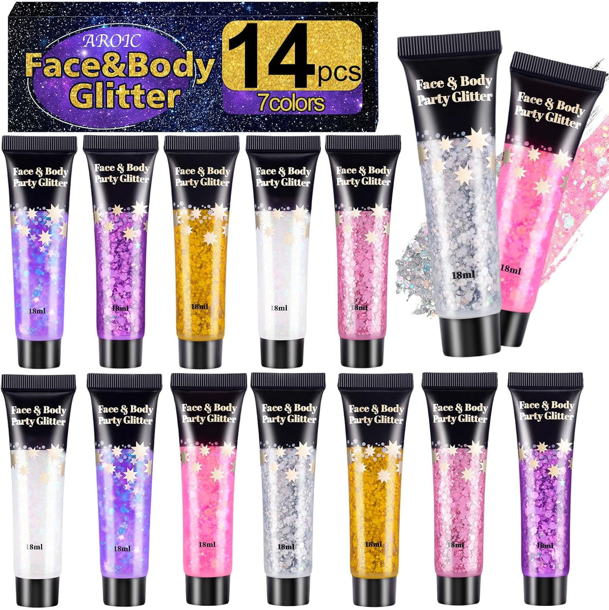 14 Colors Body Glitter Gel Set, Face & Hair Glitter for Festivals, Rave Accessories & Party Supplies