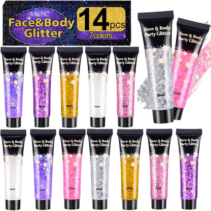 14 Colors Body Glitter Gel Set, Face & Hair Glitter for Festivals, Rave Accessories & Party Supplies
