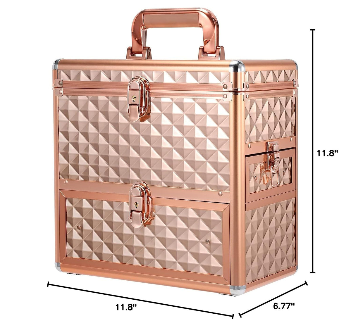 Professional Makeup Train Case with Drawer, Mirror and Sponge Dividers - Rose Gold