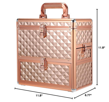 Professional Makeup Train Case with Drawer, Mirror and Sponge Dividers - Rose Gold