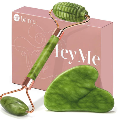 Rose Quartz Roller & Gua Sha Set, Cooling Face Roller for Depuffing & Lymphatic Massage