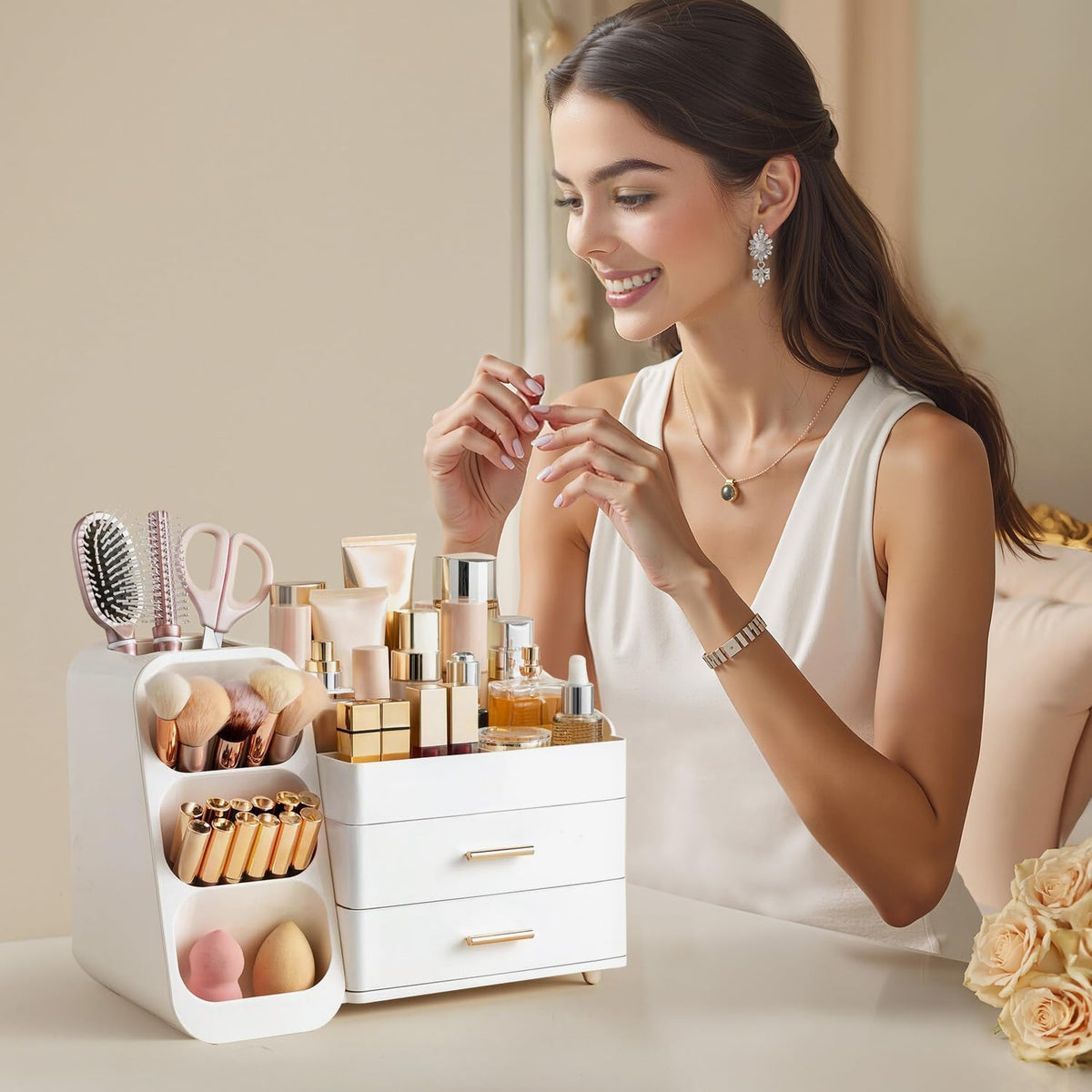 Large Makeup Organizer with Brush Holder, Plastic Vanity Storage for Skincare and Cosmetics