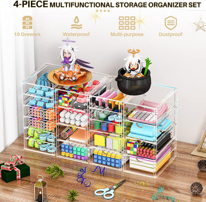 Acrylic Makeup Organizer with 19 Drawers, 4-Pack Clear Cosmetic Storage for Vanity and Bathroom