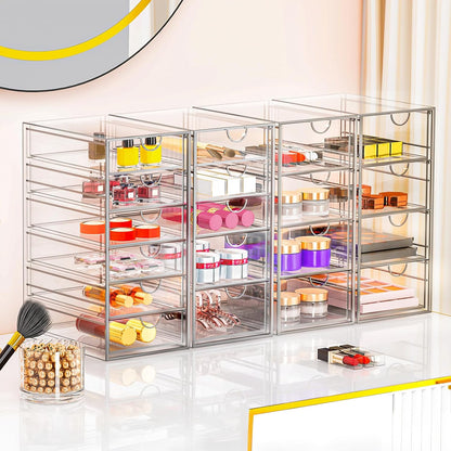 Acrylic Makeup Organizer with 19 Drawers, 4-Pack Clear Cosmetic Storage for Vanity and Bathroom