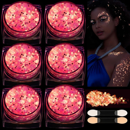 6 Colors Glow in The Dark Glitter Gel for Face, Body, and Hair - UV Black Light Party Makeup