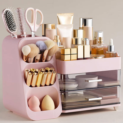 Large Makeup Organizer with Brush Holder, Plastic Vanity Storage for Skincare and Cosmetics