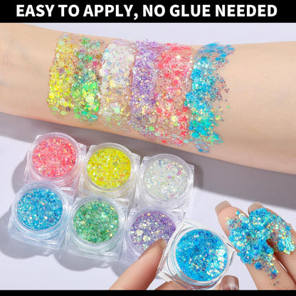 6 Colors Glow in The Dark Glitter Gel for Face, Body, and Hair - UV Black Light Party Makeup