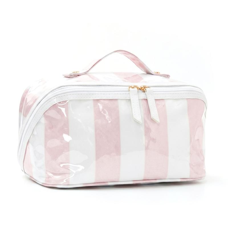 Large Capacity Striped Makeup Bag, Waterproof PVC Travel Organizer with Wide-Mouth Opening