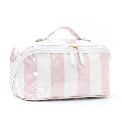 Large Capacity Striped Makeup Bag, Waterproof PVC Travel Organizer with Wide-Mouth Opening