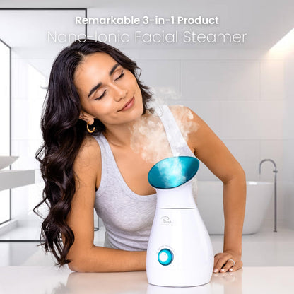 3-in-1 Nano Ionic Facial Steamer with Precise Temp Control and 5-Piece Skin Kit - Teal