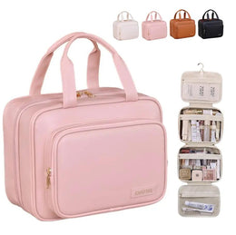 Waterproof PU Leather Makeup Bag with Hook - Extra Large Capacity & Transparent Dividers