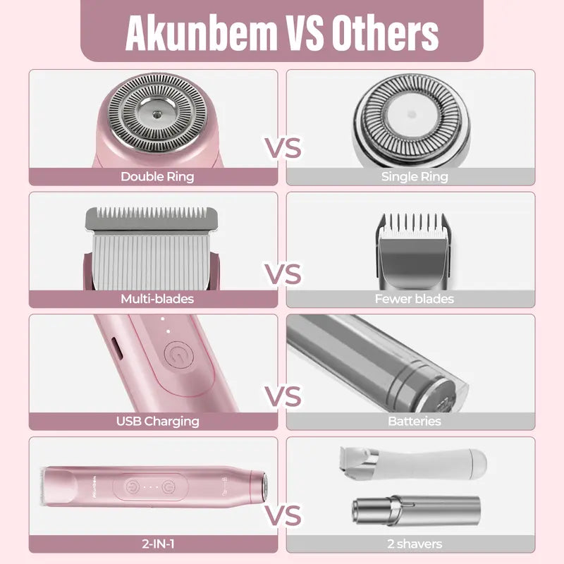2-in-1 Electric Bikini Trimmer and Shaver for Women, IPX7 Waterproof Rechargeable Razor