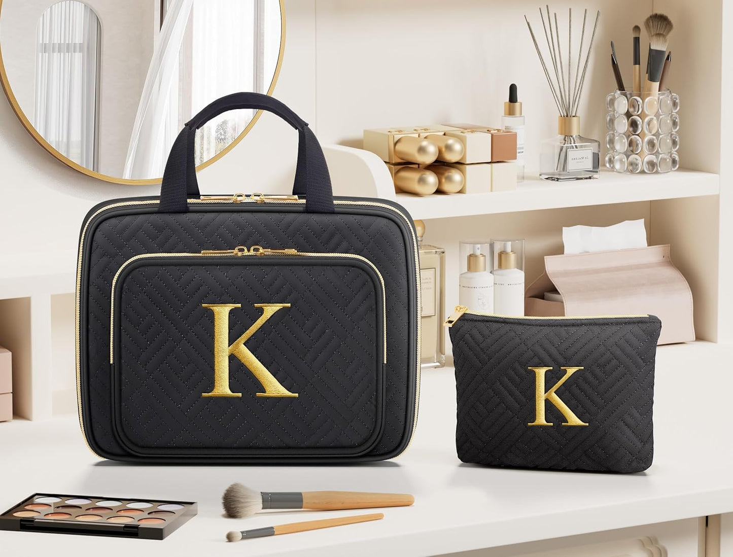 Personalized Gifts for Women, Initial Toiletry Bag Hanging Travel Organizer & Makeup Cosmetic Bag with Embroidery Letter Teacher Appreciation Gift Birthday Valentines Gifts for Mom Wife Friend Sister