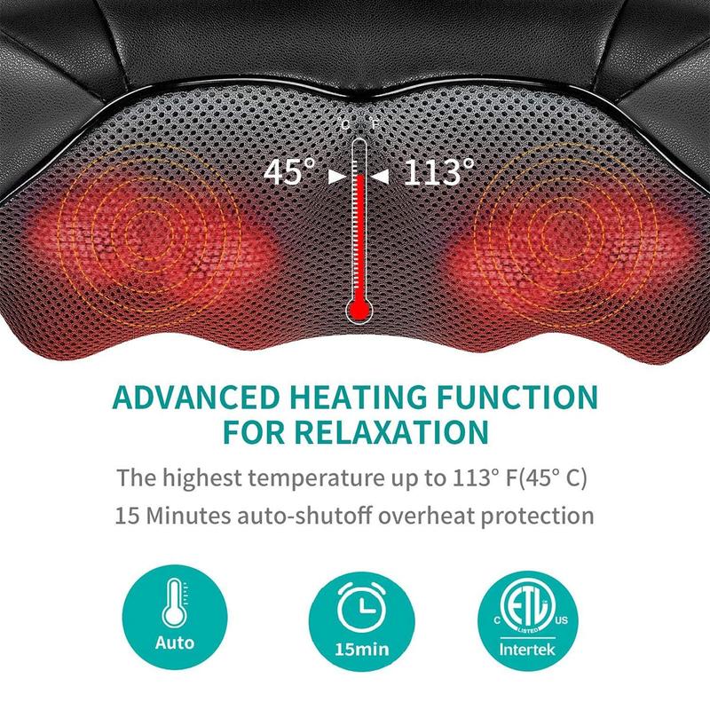 Ergonomic Shiatsu Neck and Back Massager with Soothing Heat and 8 Deep-Kneading Nodes