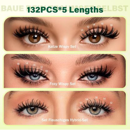 Flora Lash Clusters Kit - 132pcs D Curl Natural Extension Set with Bond, Seal, and Remover