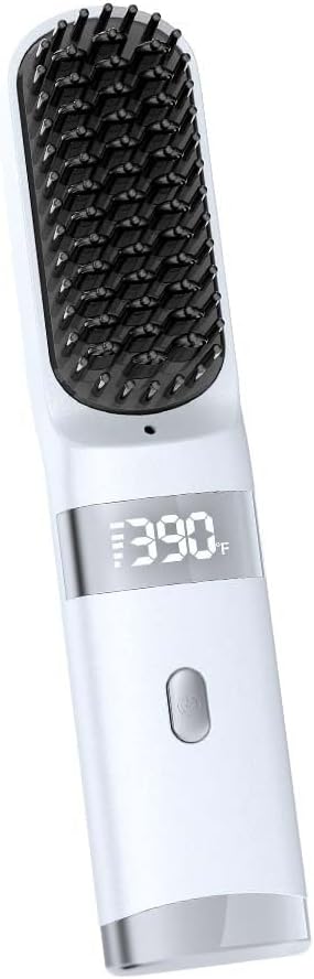 Cordless Hair Straightener Brush - Portable USB Charging Comb with LCD Display (White)