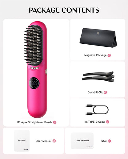 Portable Hair Straightener Brush, Cordless Straightening Comb with Large Heating Area & Ceramic Coating - Pink