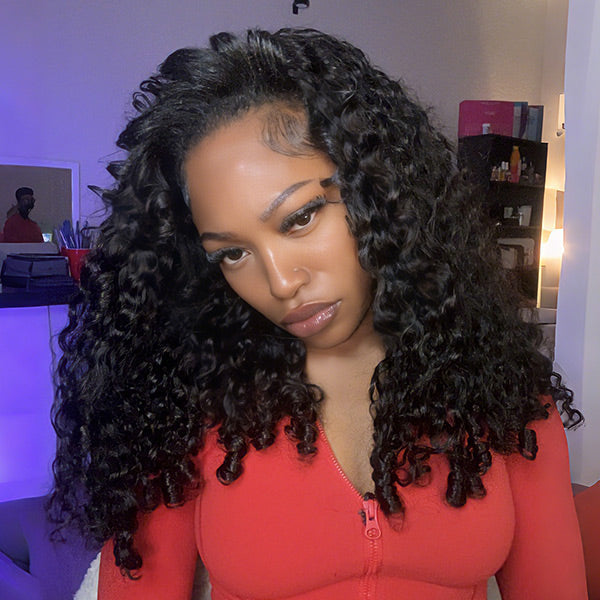 3 In 1 Burmese Curly Glueless Wear Go Half Wig with Elastic Drawstring Seamless Flip Over